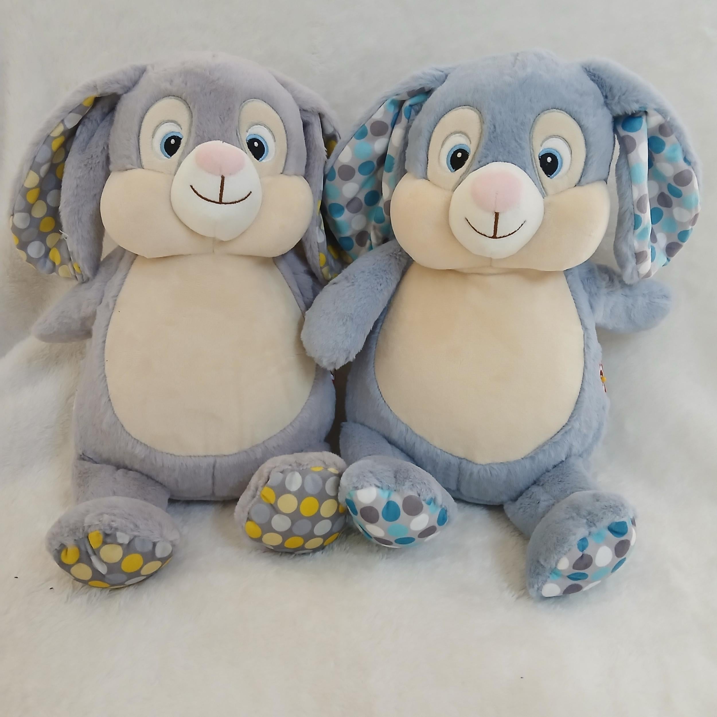 Personalised Stuffed Animal Grey Bunny with Blue Polka Dots